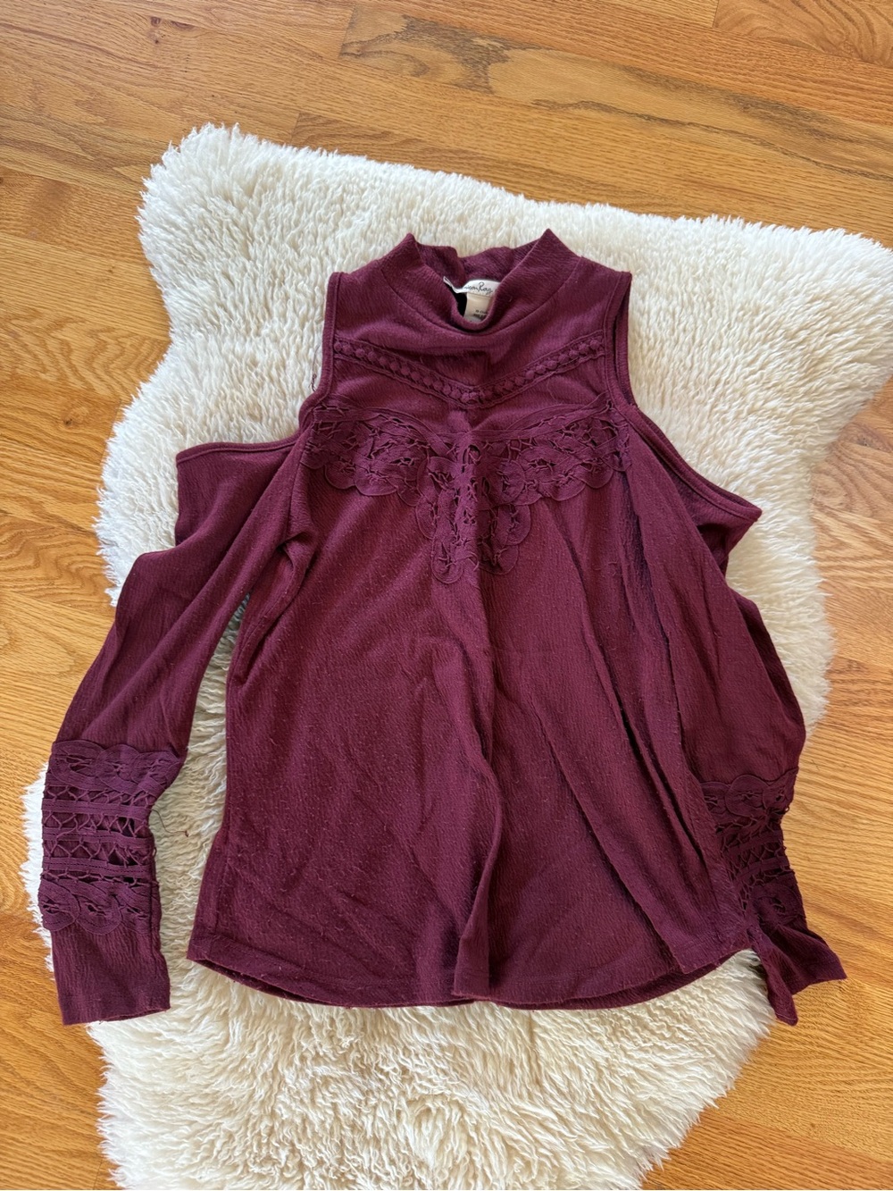 American Rag Burgundy Cold-Shoulder Lace Trim Top